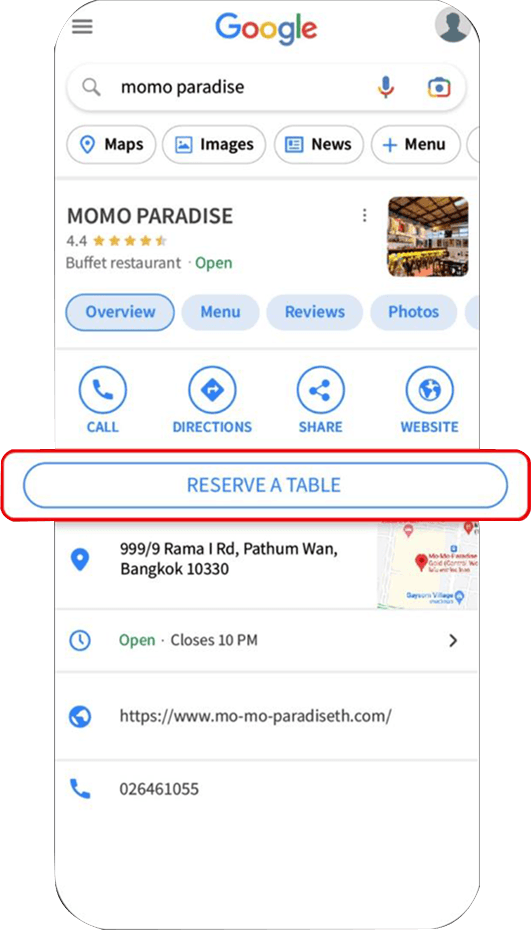 MOMO PARADISE Google Maps reservation screen